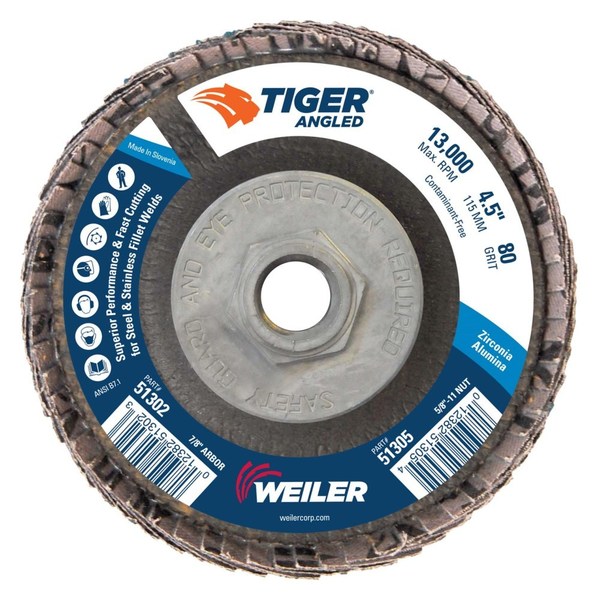 Weiler 4-1/2 Tiger Angled (Radial) Zirc Flap Disc 80Z 5/8-11 Nut 51305